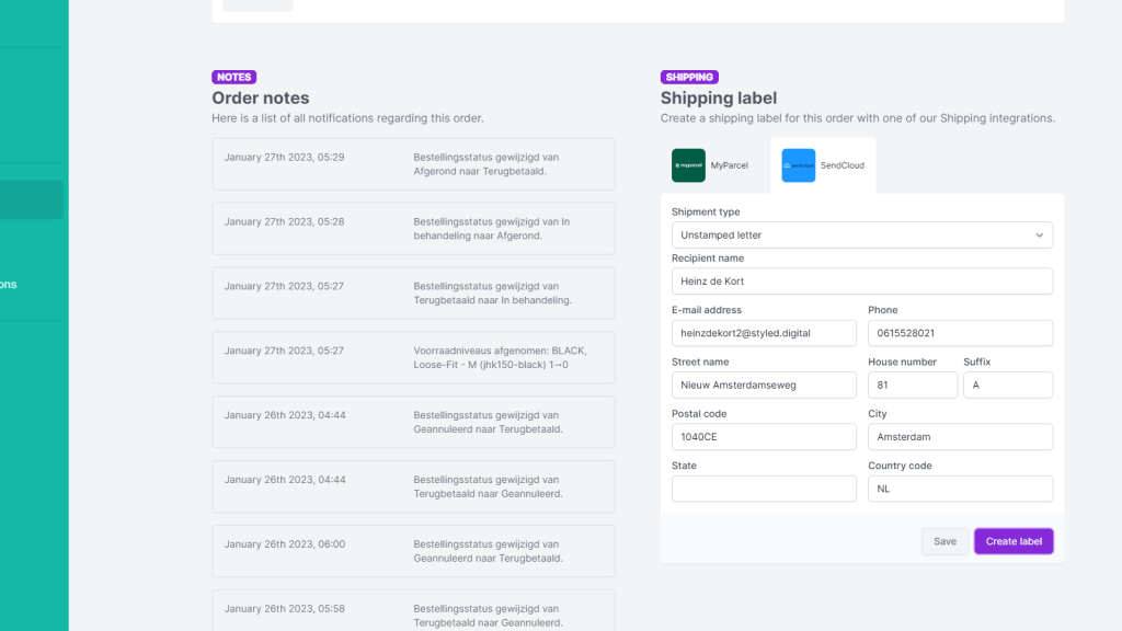 Create SendCloud shipping labels in WooPiq WMS